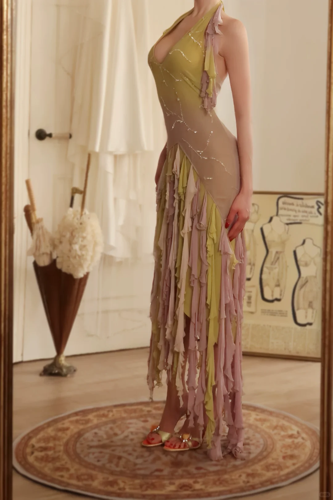 Unique Halter V Neck Chiffon Ruffles Beaded Mermaid Long Party Dress Birthday Dress D2775