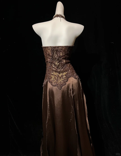 Retro Halter V Neck Brown Satin Beaded A Line Slit Long Party Dress Birthday Dress D2844