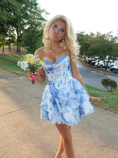 Classy Blue Chiffon Printed Floral Short 9th Grade Homecoming Dress,Sweetheart Neck A Line Mini Birthday Dress D3467