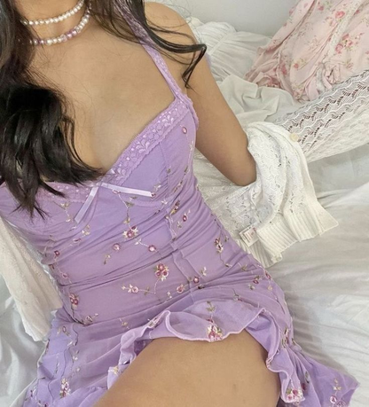 Cute Lavender Spaghetti Straps Chiffon Floral Sheath Short Party Dress Formal 7th Grade Homecoming Dress D3032