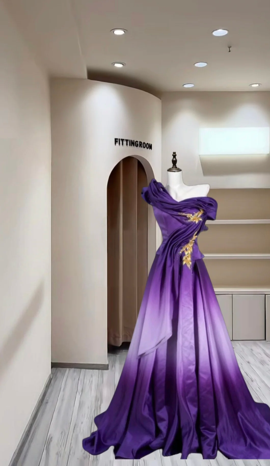 Fashion Off The Shoulder Ombre Purple Satin Pleated Long Prom Dress Evening Dress D2381