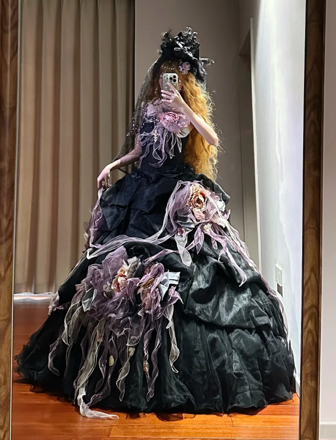 Vintage Black Strapless Satin Tulle Pleated 3D Flowers Ball Gown Long Birthday Quinceanera Dress D1700