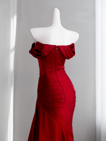 Classy Red Satin Pleated Mermaid Long Evening Dress Off The Shoulder Wedding Guest Dress D2468