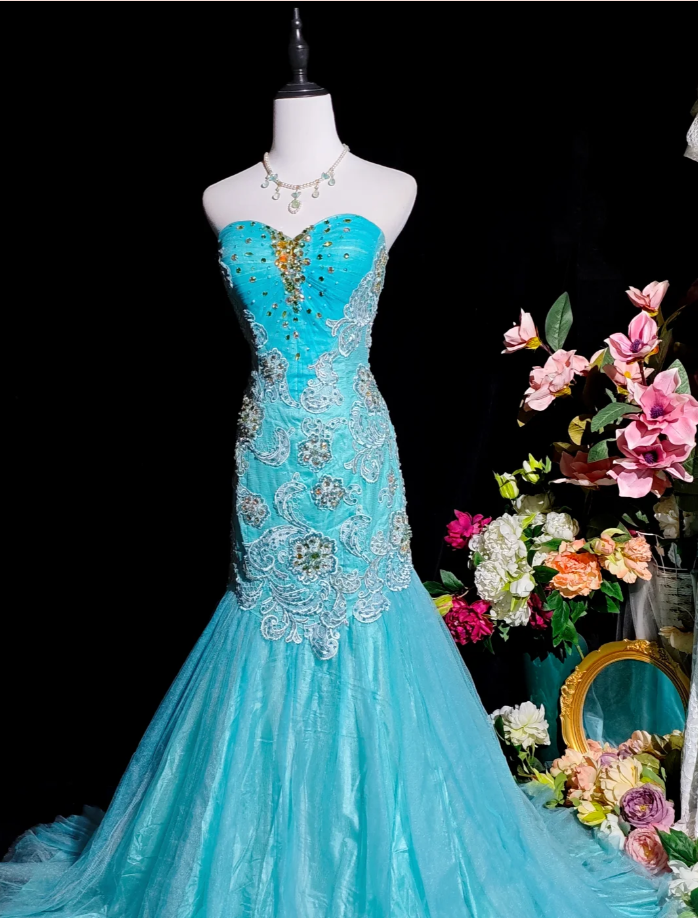 Charming Strapless Blue Tulle Appliques Beaded Mermaid Party Dress Long Birthday Evening Gown D2373