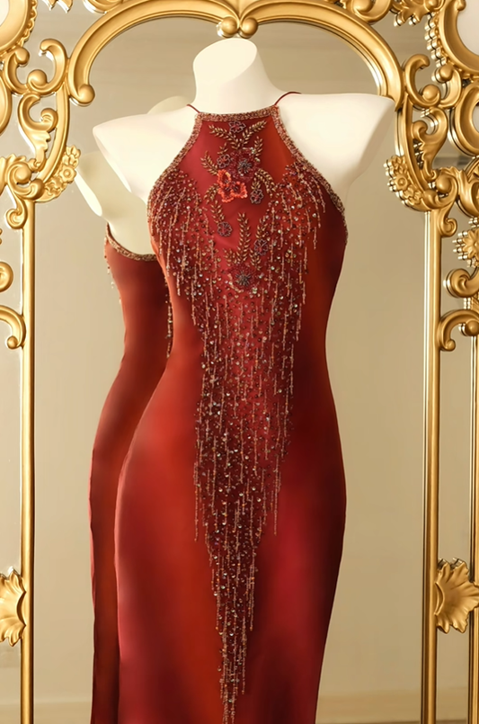 Sexy Spaghetti Straps Sleeveless Chiffon Beaded Sheath Long Party Dress Birthday Dress D2728