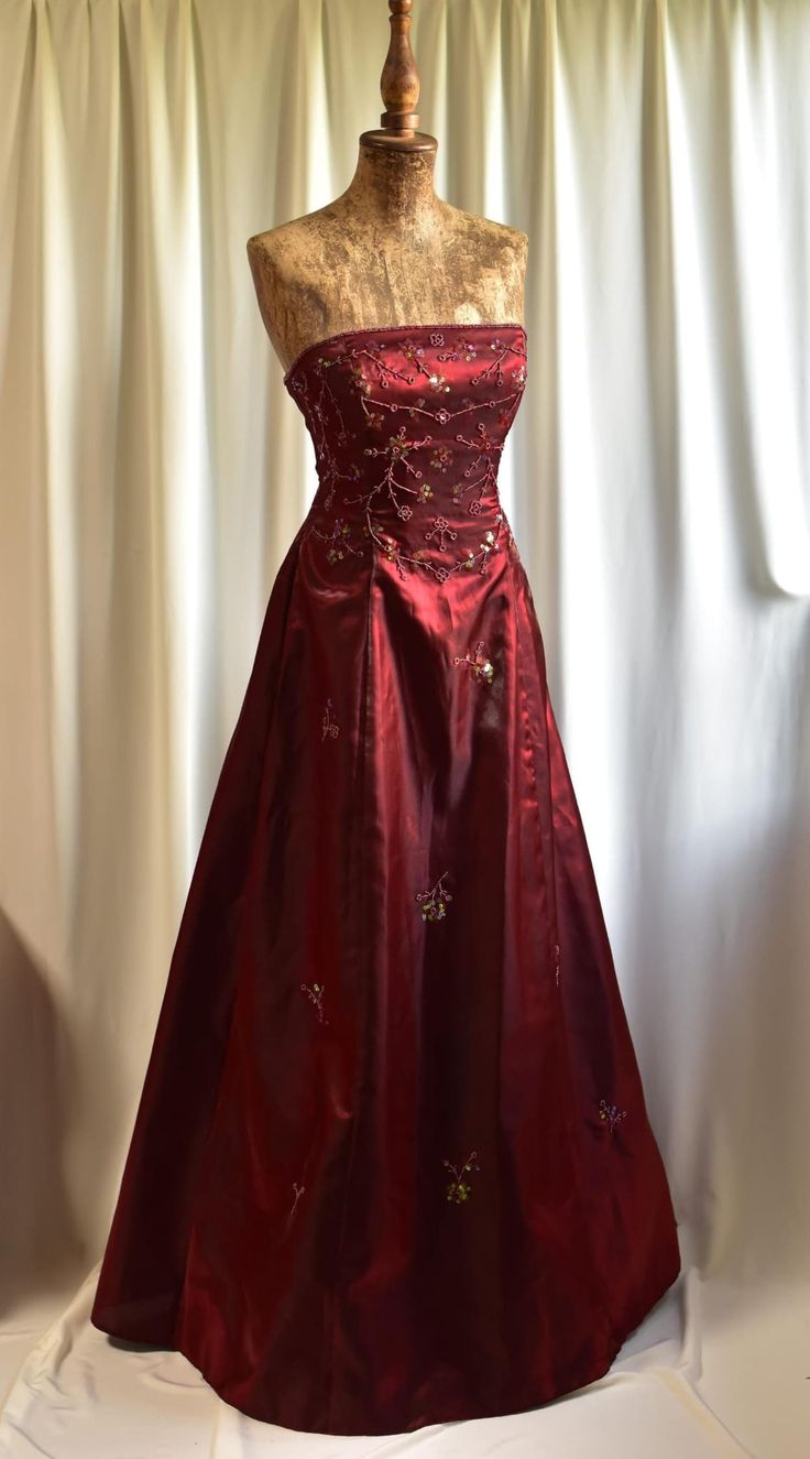 Vintage Burgundy Strapless Satin Beaded A Line Long Evening Dress Birthday Party Dress D1832