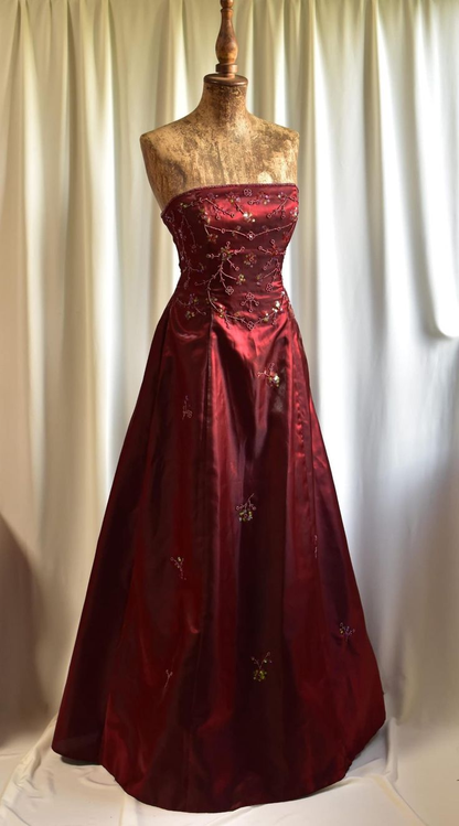 Vintage Burgundy Strapless Satin Beaded A Line Long Evening Dress Birthday Party Dress D1832