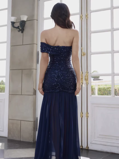 Elegant Off The Shoulder Navy Blue Sequin Chiffon Mermaid Evening Dress Long Wedding Guest Dress D1262