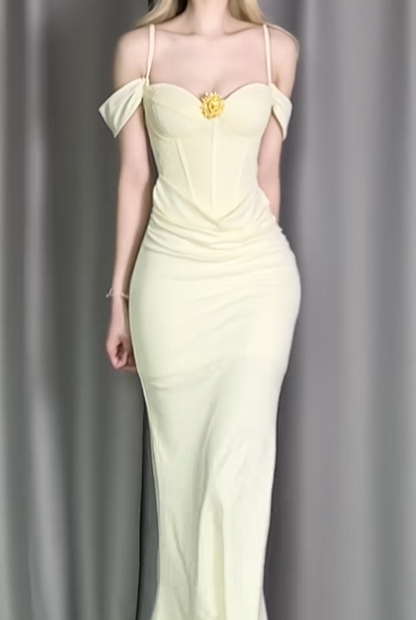 Sweet Yellow Off The Shoulder Satin Mermaid Long Evening Dress Birthday Dress D2488