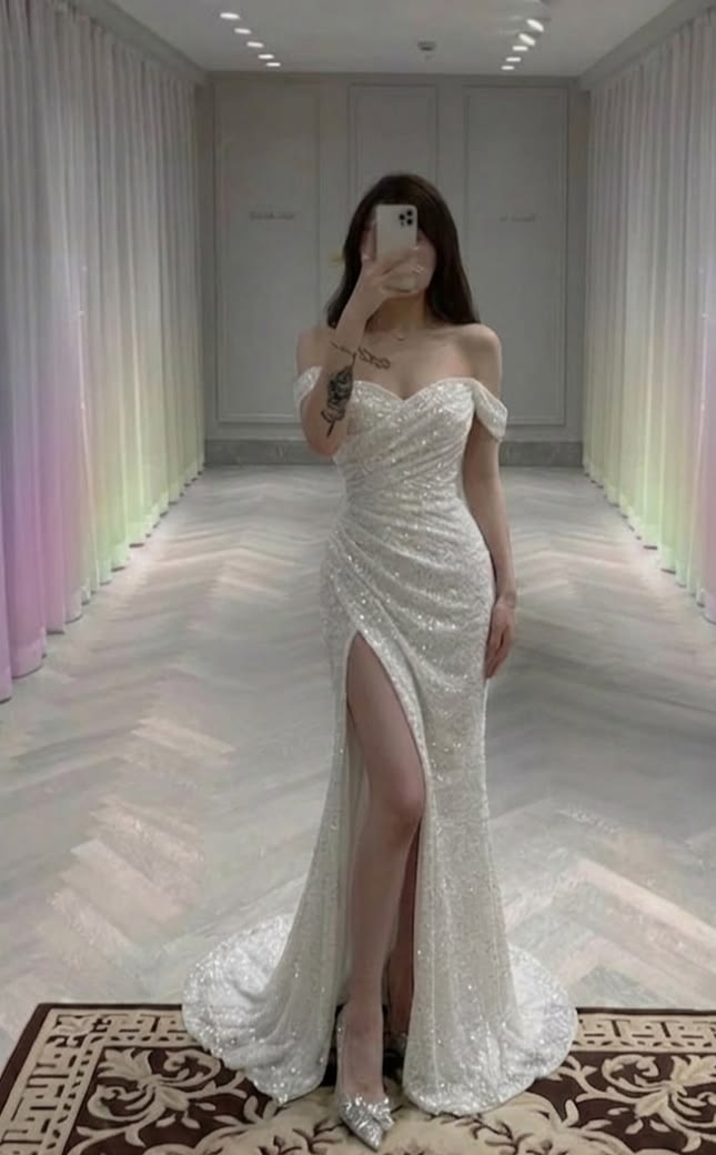 Elegant White Off The Shoulder Sequin High Slit Mermaid Long party Dress Birthday Dress D2897