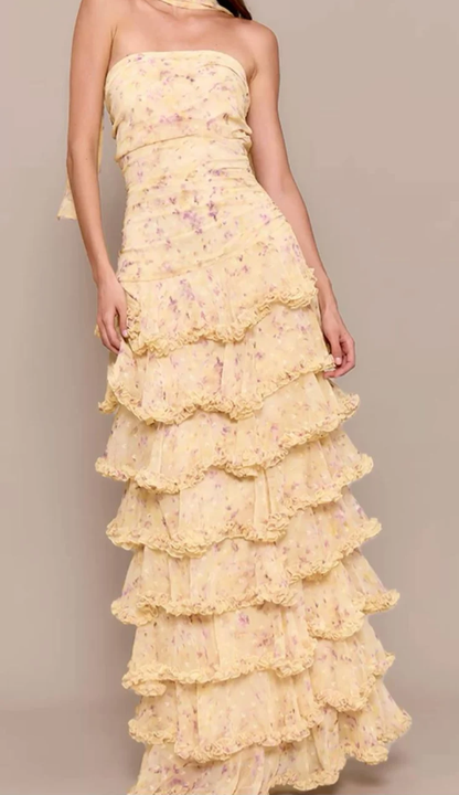 Classy Strapless Yellow Chiffon Floral Long Prom Dresses Layered Ruffles Evening Dresses D4517