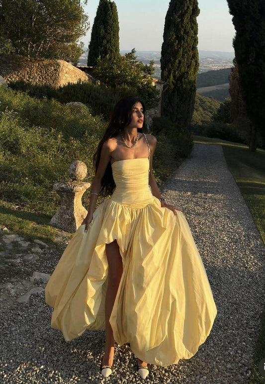 Elegant Yellow Satin Pleated Long Party Dress,Strapless Evening Gown D3449