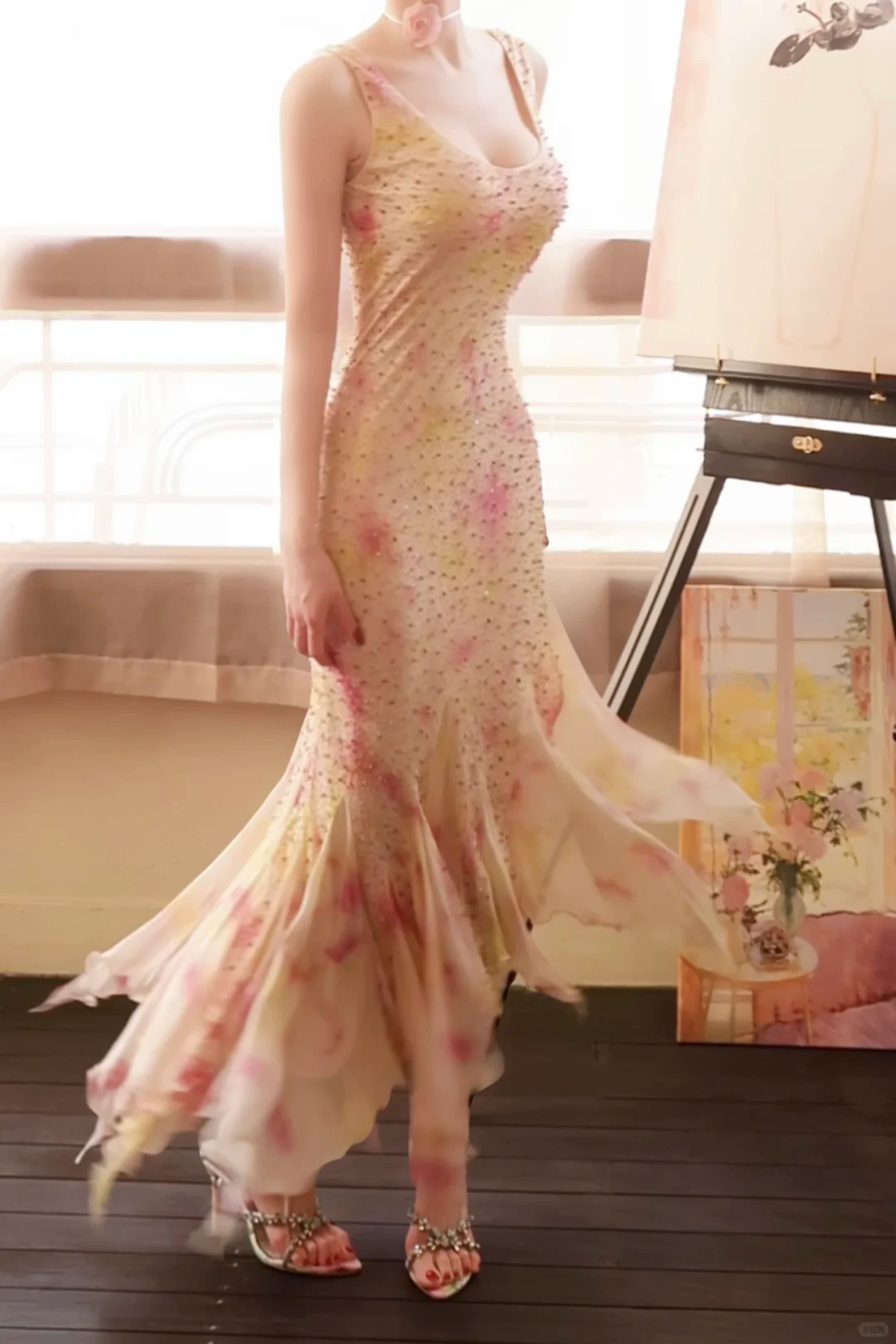 Pretty Sleeveless Chiffon Print Floral Beaded Mermaid Long Party Dress Birthday Dress D2770