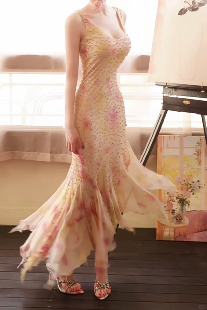 Pretty Sleeveless Chiffon Print Floral Beaded Mermaid Long Party Dress Birthday Dress D2770