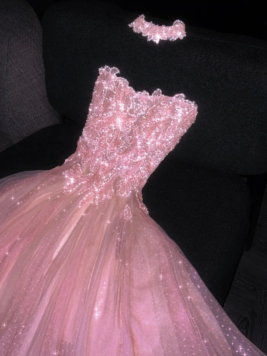 Elegant Ball Gown Strapless Pink Polka Dots Tulle Long Evening Dress Formal 18th Birthday Prom Dresses D4549