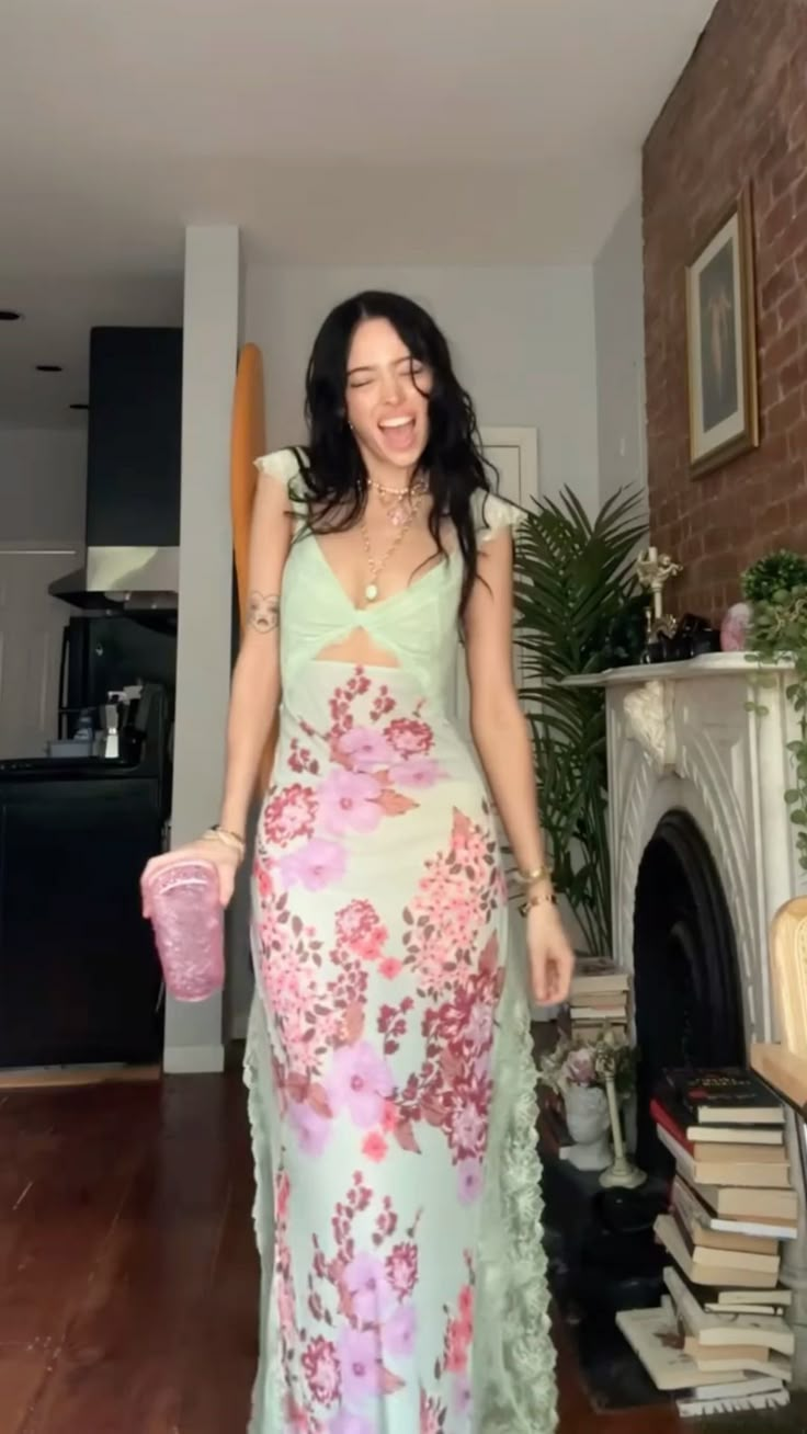 Classy Light Green Satin Print Floral Lace Long Party Dress Backless Long Evening Dress D4398