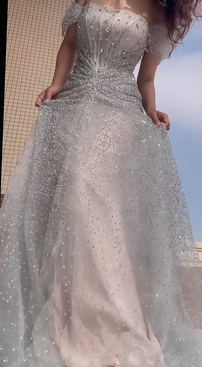 Sparkly Silver Tulle Sequin Beaded Mermaid Long Evening Dress Off The Shoulder Birthday Party Dress D2030