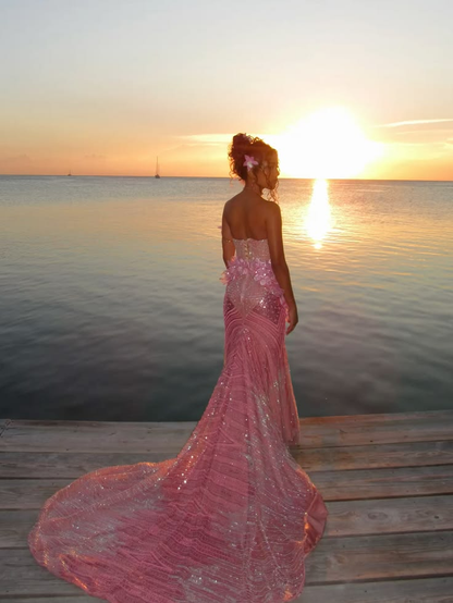 Glamorous Strapless Tulle Sequin Floral Mermaid Long Evening Dress Pink Long Birthday Prom Dress D4690