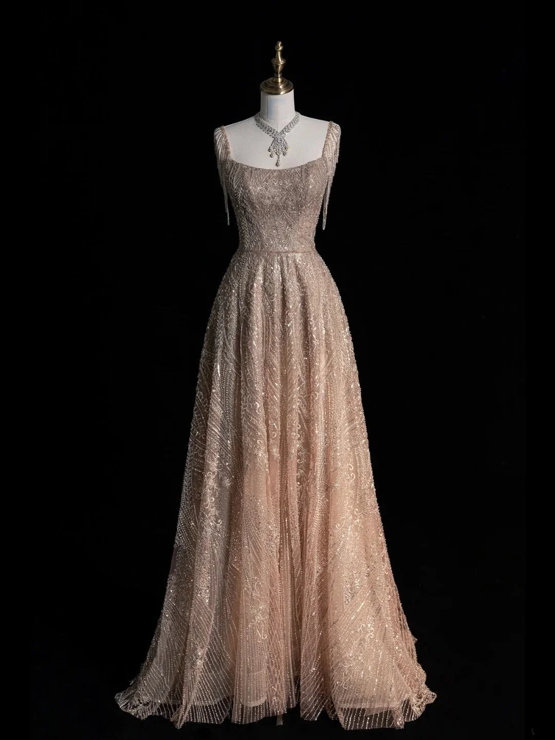 Beautiful Square Neck Champagne Tulle Sequins Beaded Long Party Dress Long Prom Dresses D4830