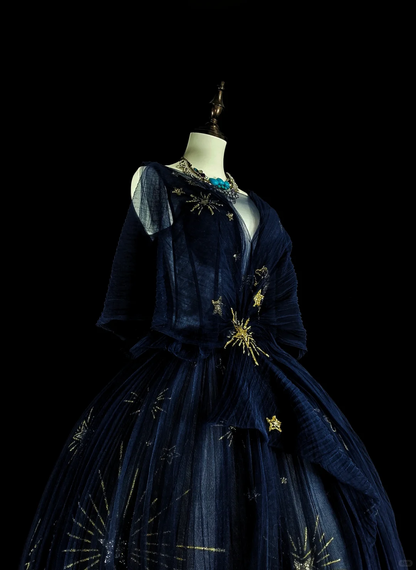 Elegant Navy Blue Tulle Star Moon Sequin Long Evening Dress Party Dress D5380