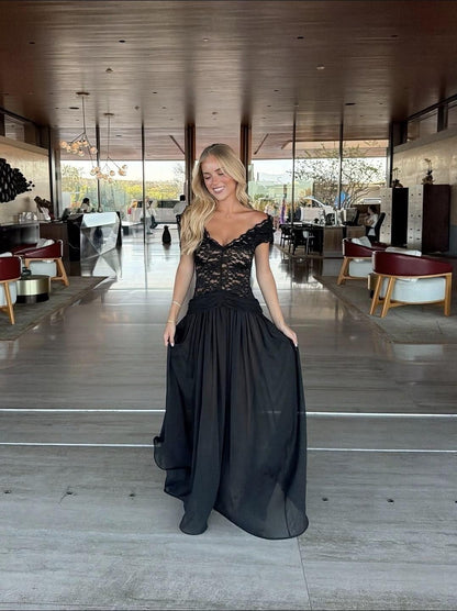 Sexy V Neck Lace Chiffon Evening Dress Black Long Party Gowns D5307