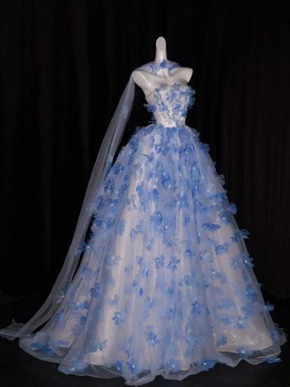 Elegant Ball Gown Strapless Blue Applique Long Party Dress Birthday Prom Gowns D4265
