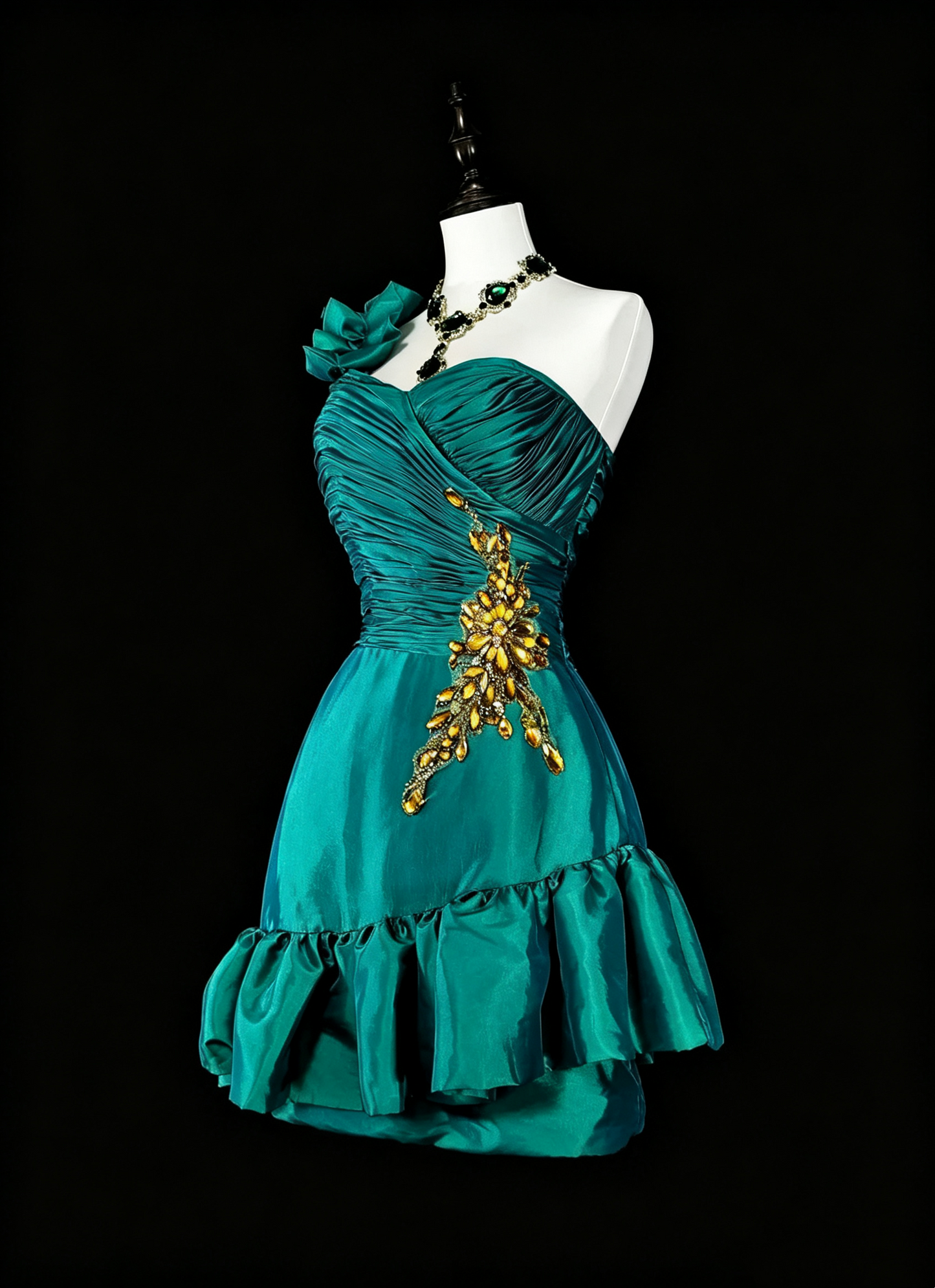 Vintage Green Satin Pleated Beaded Short 17th Birthday Outfits,One Shoulder Short Party Dress D4041