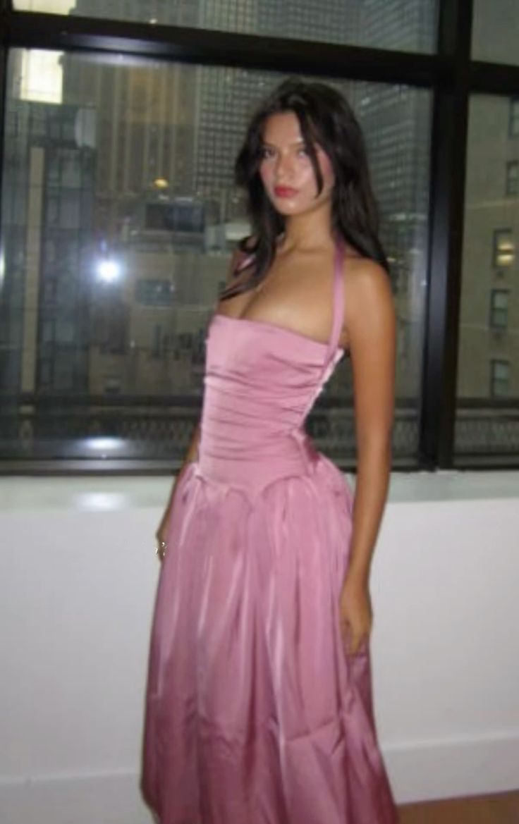 Elegant Pink Halter Satin Long Party Dress Evening Gowns D4281