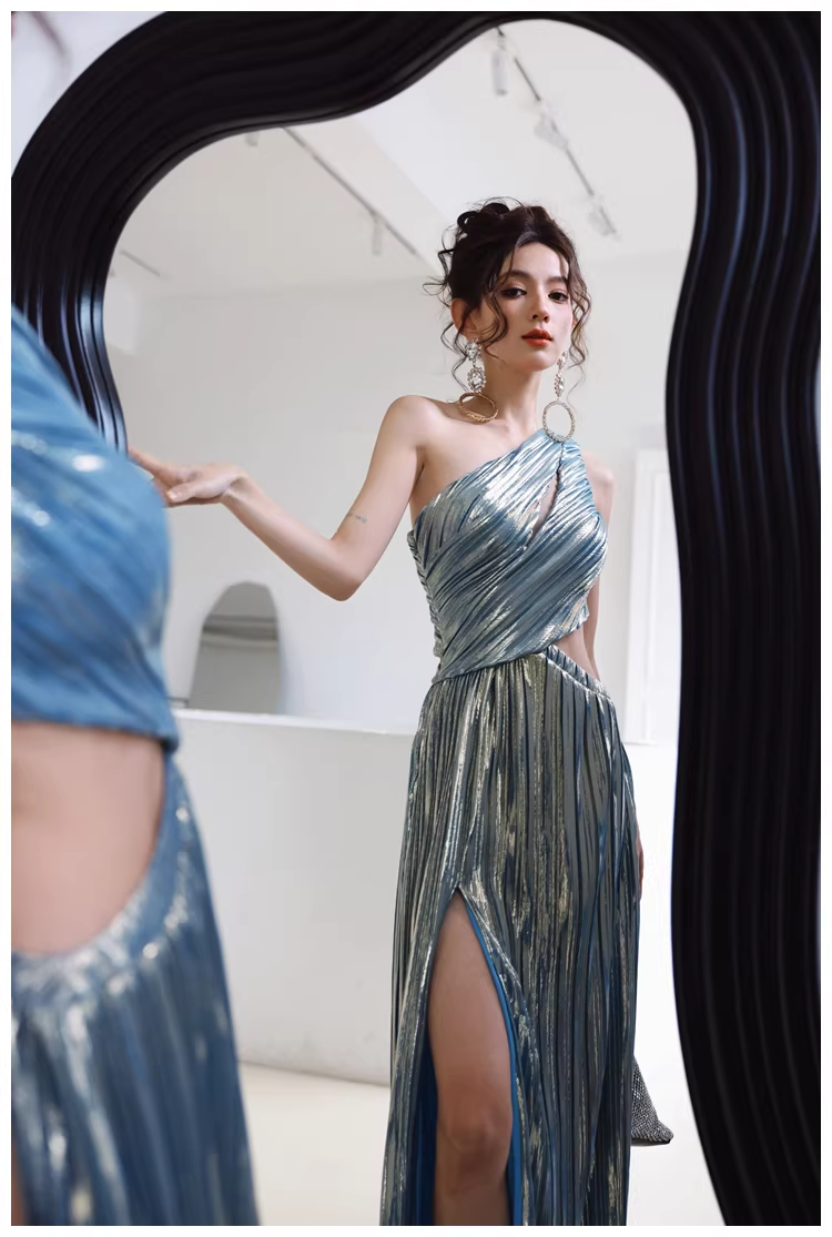 Sexy One Shoulder Satin Pleated Slit Long Wedding Guest Dress Blue Birthday Prom Dress Evening Gown D2458