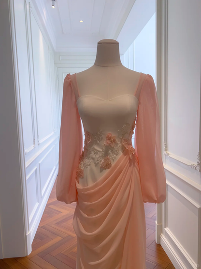 Elegant Pink Chiffon Pleated Beaded Long Evening Dress Birthday Dress D2982