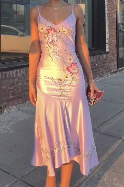 Classy Spaghetti Straps Satin Sequin Floral Mermaid Long Party Dress Purple Long Birthday Evening Gown D4775