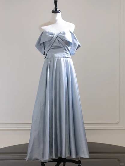 Simple Blue Satin A Line Long Wedding Guest Dress Formal Evening Dress D3129