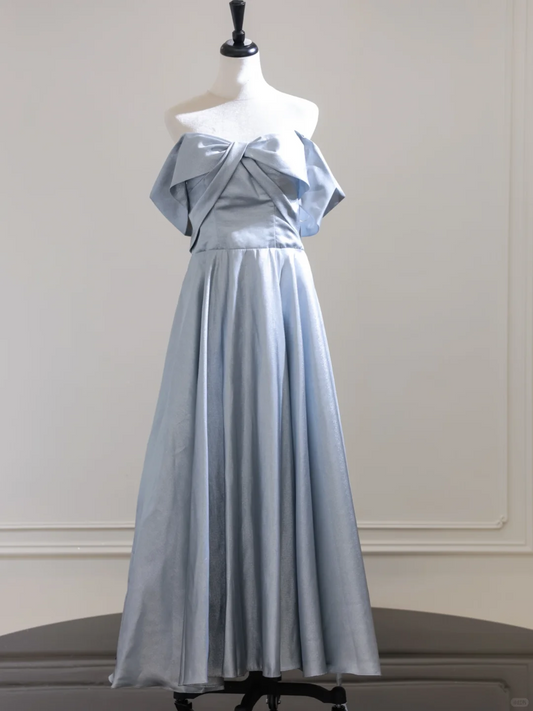 Simple Blue Satin A Line Long Wedding Guest Dress Formal Evening Dress D3129