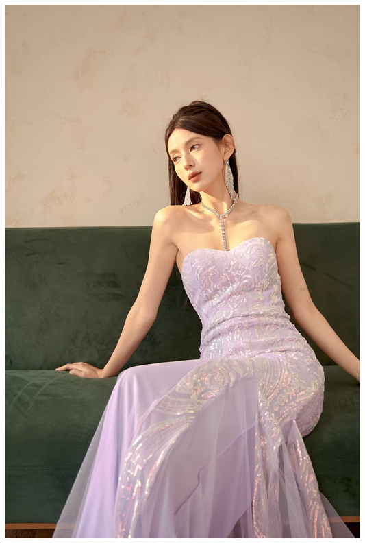 Gorgeous Sweetheart Neck Lavender Tulle Sequin Mermaid Long wedding Guest Dress Formal Evening Dress Prom Gown D2435