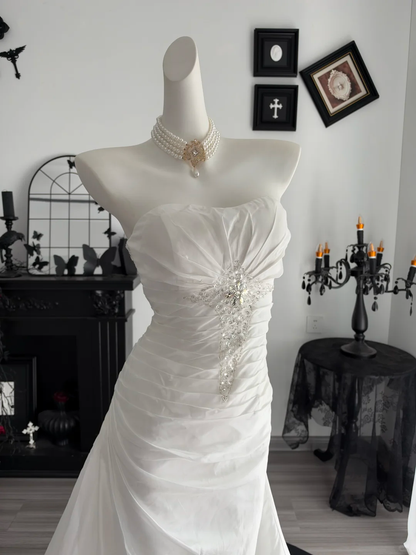 Classy Strapless White Satin Pleated Beaded Mermaid Long Party Dress Prom Dress D4702