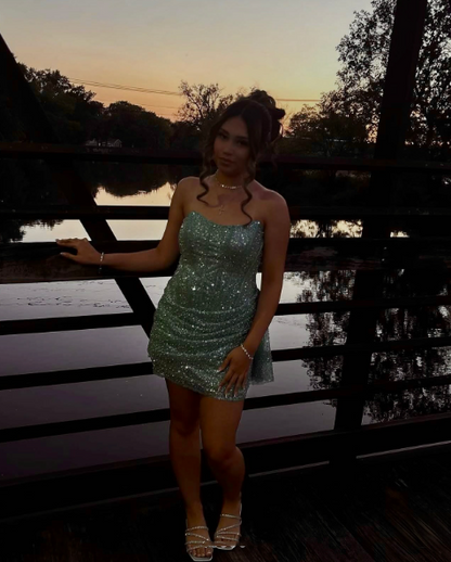 Sparkly Green Strapless Sequin Pleated Short Homecoming Dress Cocktail Dress D3854