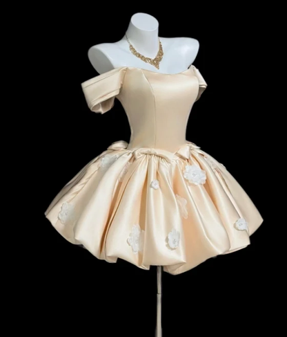 Cute Champagne Off The Shoulder Satin Floral A Line Short Graduation Homecoming Dress Cocktail Dress D4003