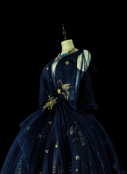 Elegant Navy Blue Tulle Star Moon Sequin Long Evening Dress Party Dress D5380
