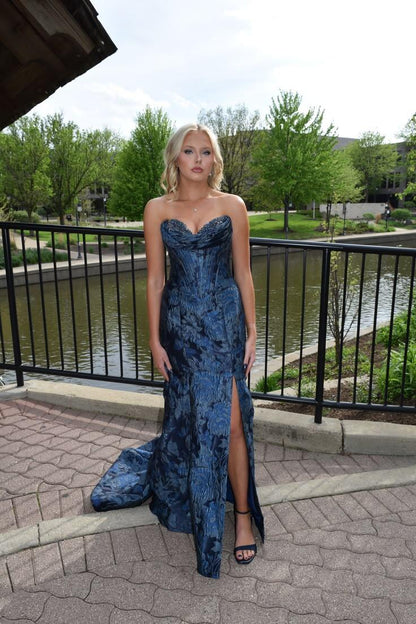 Elegant Sweetheart Neck Satin Floral Prom Dress Navy Blue Slit Mermaid Long Evening Dress D5176