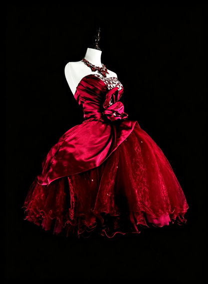 Pretty Red Tulle Satin Beaded A Line Short Homecoming Dress,Strapless Mini 17th Birthday Outfits D4039