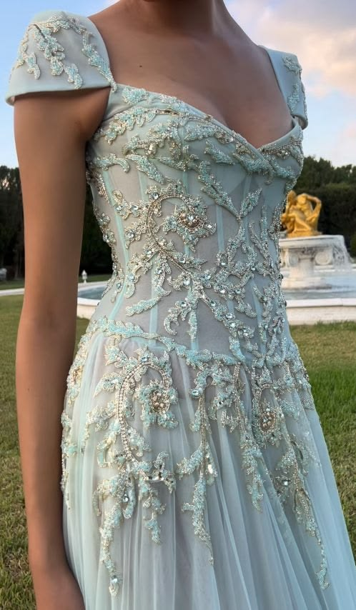 Glamorous Beaded Tulle Sequin Mermaid Long Prom Dress Ice Blue Long Party Dress D4623