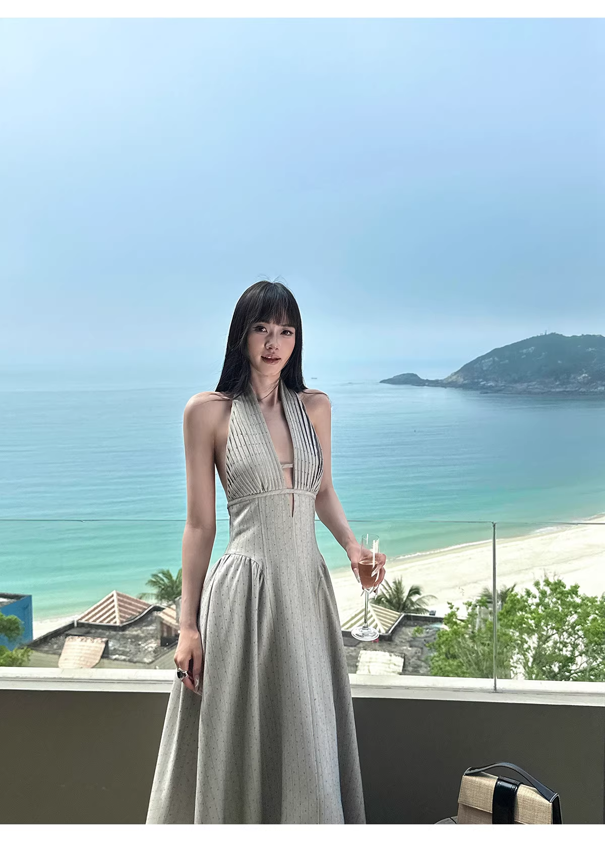 Fashion Halter Gray satin Pleated A Line Long Wedding Guest Dress,Backless Long Evening Dress Prom Gown With Pockets D2085