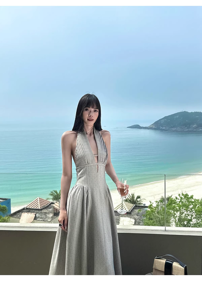 Fashion Halter Gray satin Pleated A Line Long Wedding Guest Dress,Backless Long Evening Dress Prom Gown With Pockets D2085