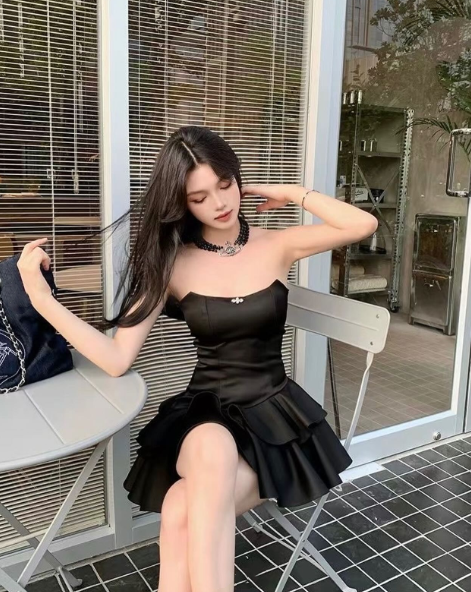 Cute A line Strapless Black Vacation Dresses Short Satin Birthday Dres – SweetDress