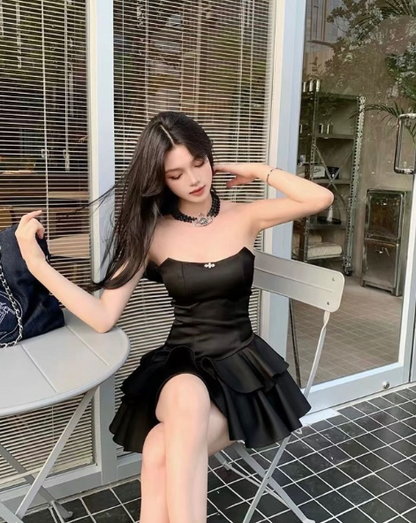 Cute A line Strapless Black Vacation Dresses Short Satin Birthday Dres – SweetDress
