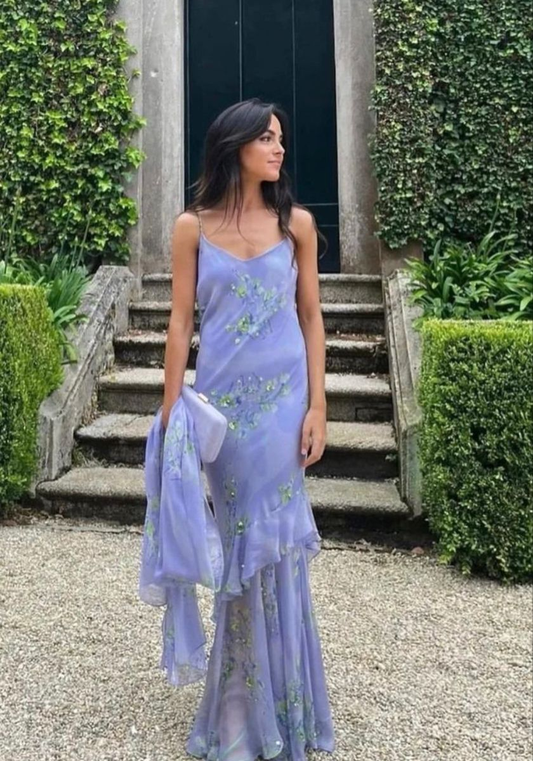 Elegant Purple Chiffon Beaded Ruffle Mermaid Long party Dress Evening Gown With Scarf D3427
