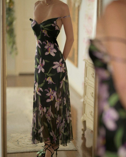 Chic Spaghetti Straps Chiffon Print Floral Long Party Dress Formal Evening Dress D1865