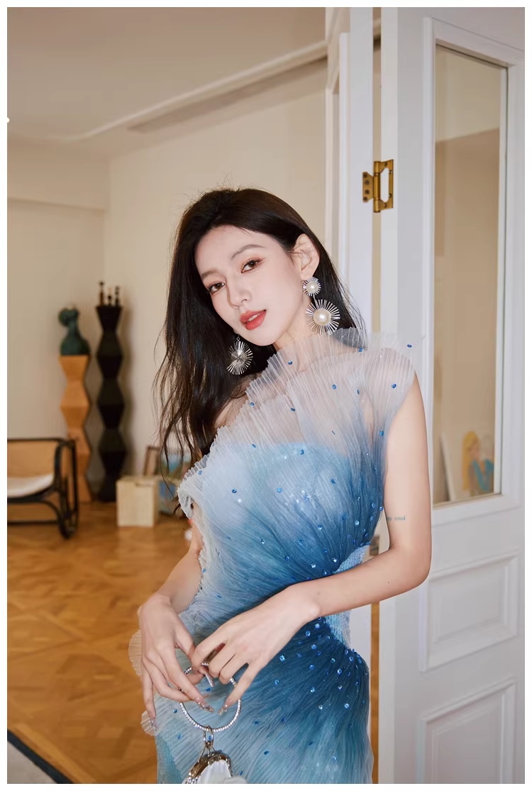 Glamorous Blue Tulle Sequin Mermaid Long Evening Dress Formal 19th Birthday Outfits With Beads D2400