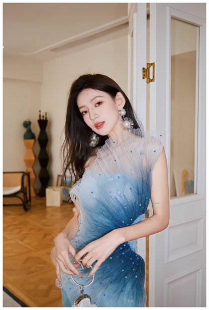 Glamorous Blue Tulle Sequin Mermaid Long Evening Dress Formal 19th Birthday Outfits With Beads D2400