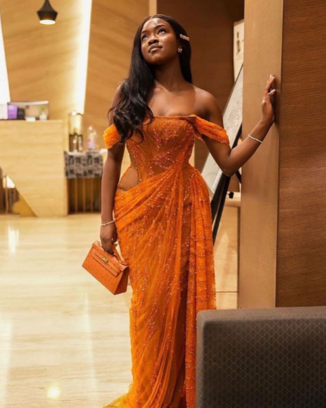 Pretty Off The Shoulder Orange Tulle Beaded Mermaid Evening Dress Long Wedding Guest Dress D2975